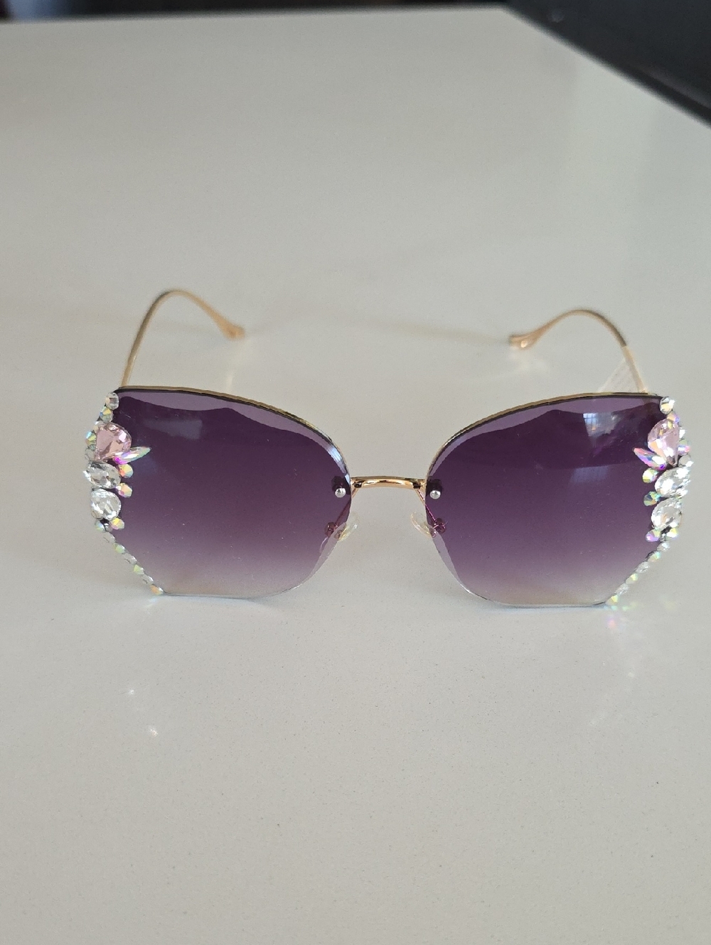Gold Frame Purple Gradient Crystal Accent Sunglasses